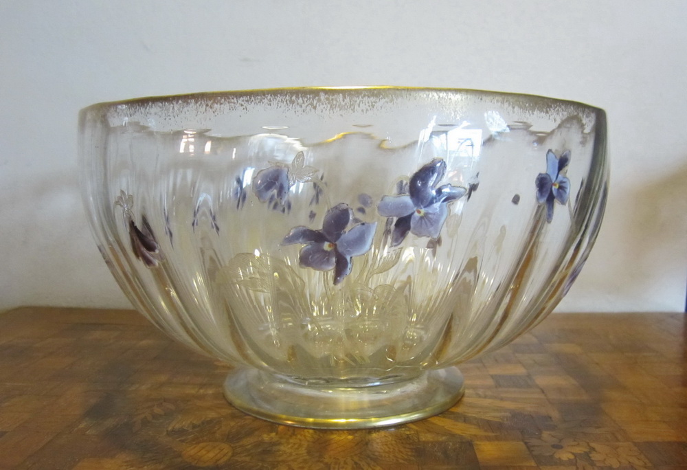 Antique Legras/ Montjoye bowl, enamelled violets;  ca 1910 