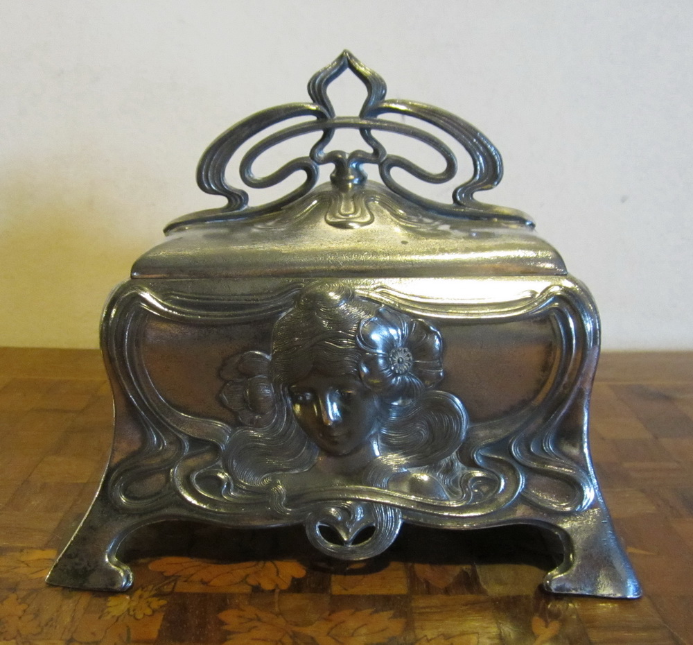 rare antique art nouveau silver plated pewter jewelry box by WMF. ca 1900