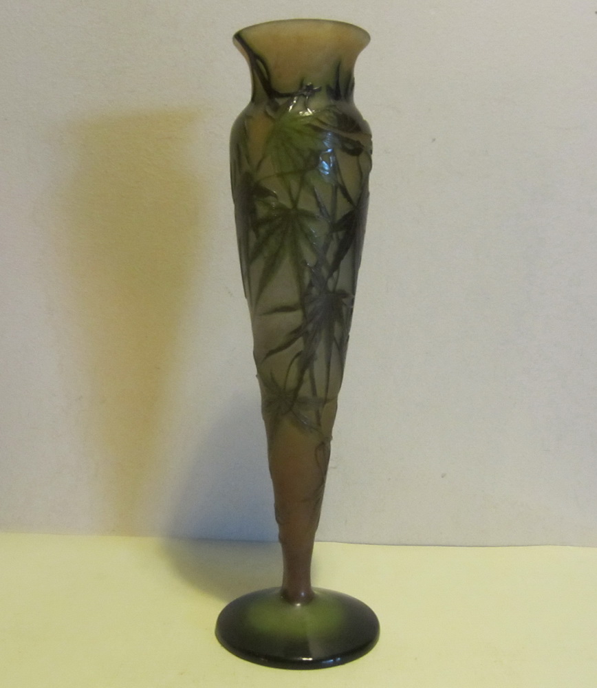 Antique Emile Gall cameo glass vase, acid etched vase with foliage, pate de verre, art nouveau, France, 1904 - 1910. H 32 cm