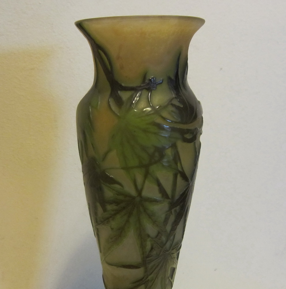 Antique Emile Gall cameo glass vase, acid etched vase with foliage, pate de verre, art nouveau, France, 1904 - 1910. H 32 cm