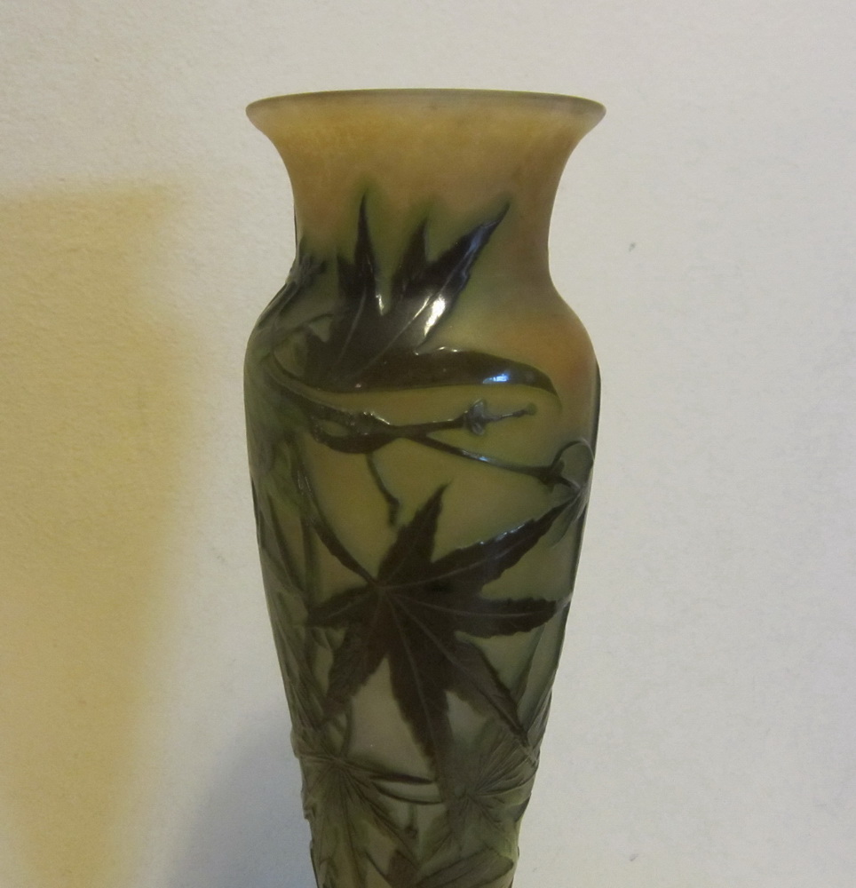 Antique Emile Gall cameo glass vase, acid etched vase with foliage, pate de verre, art nouveau, France, 1904 - 1910. H 32 cm