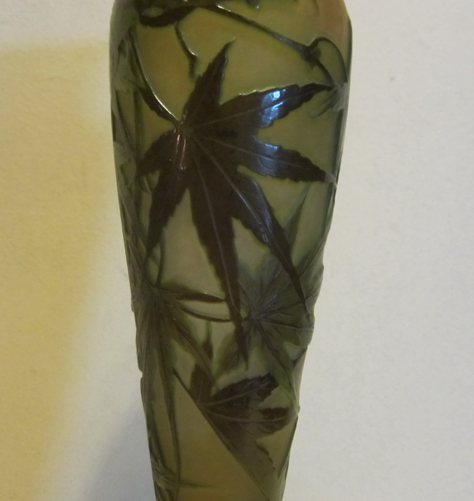 Antique Emile Gall cameo glass vase, acid etched vase with foliage, pate de verre, art nouveau, France, 1904 - 1910. H 32 cm