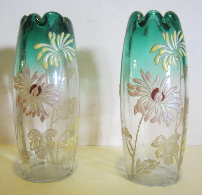 pair of antique art nouveau glass Legras / Montjoy vase with enameled decor.