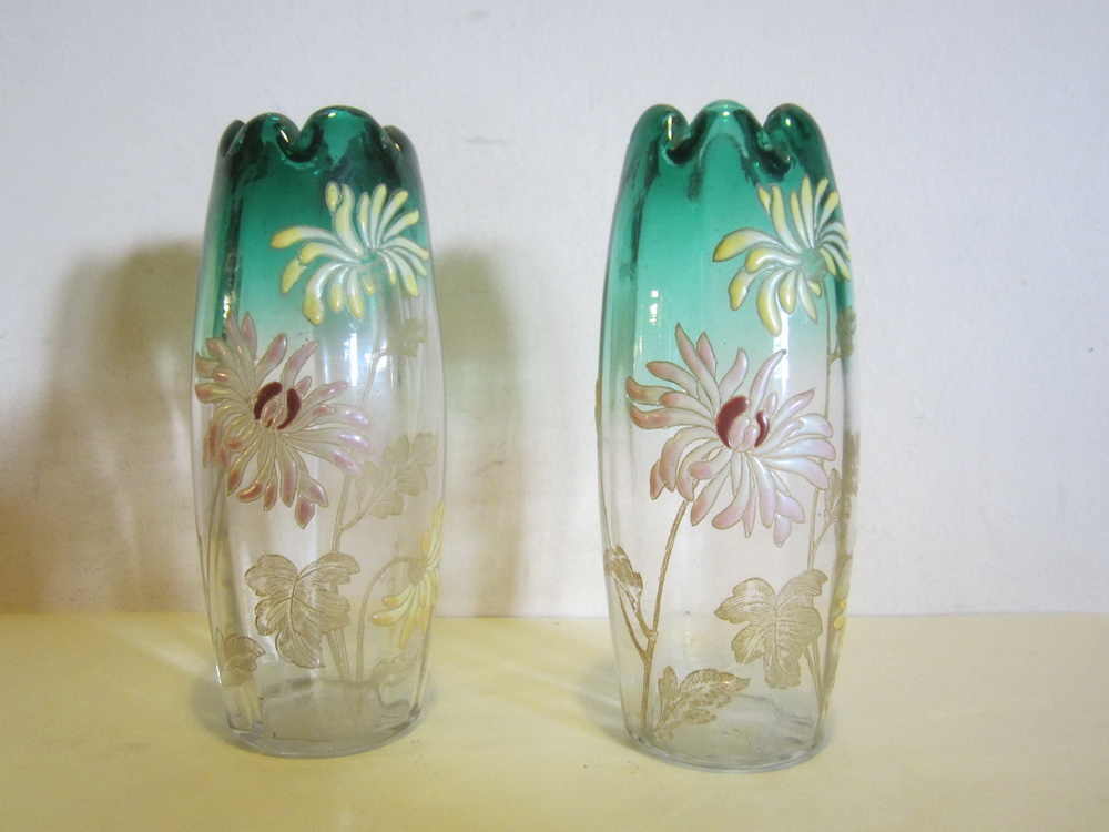 pair of antique art nouveau glass Legras / Montjoy vase with enameled decor.