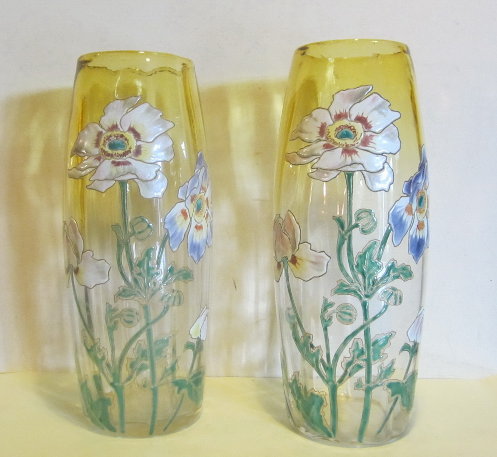 Gorgeous pair of Montjoye vases with enameled flowers. H 30 cm; ca 1910