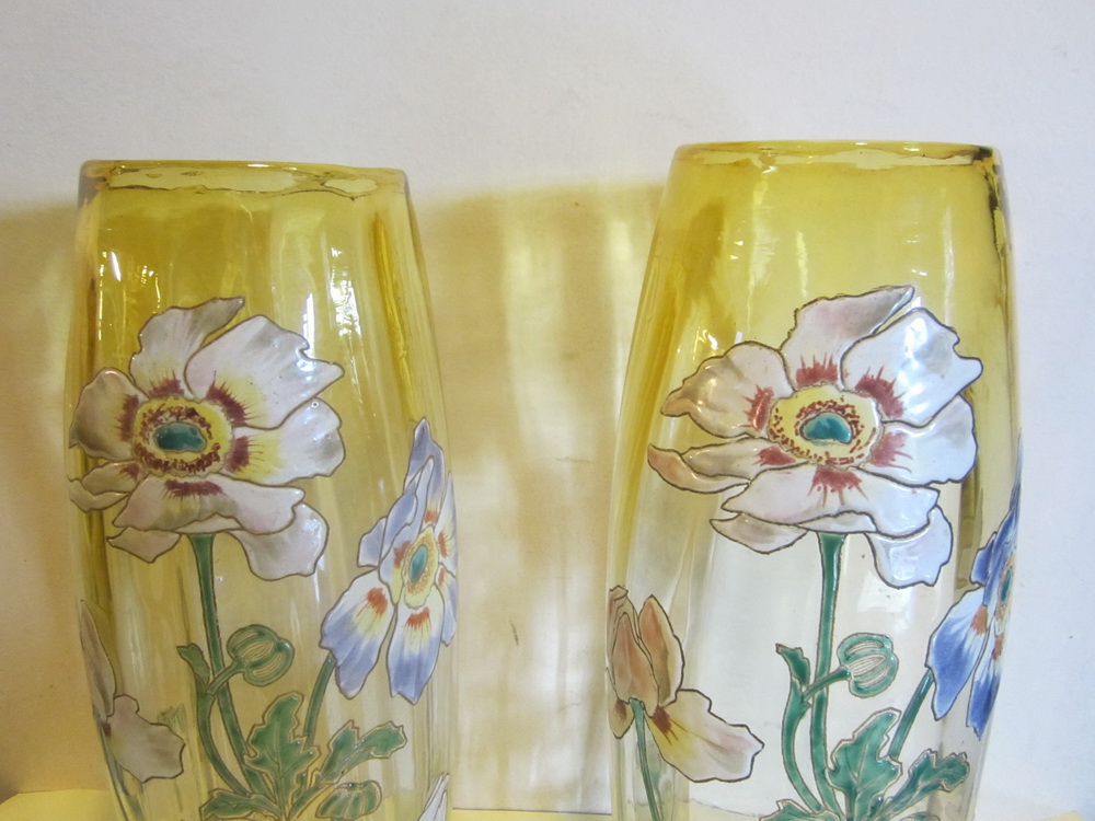 pair of big antique art nouveau glass Legras / Montjoy vase with enameled decor.