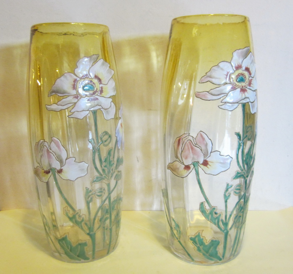 pair of big antique art nouveau glass Legras / Montjoy vase with enameled decor.