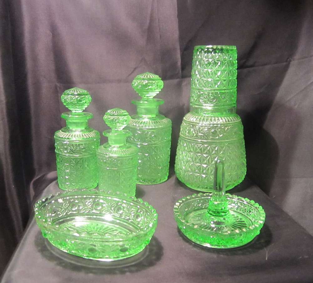 rare art deco set of 7 pc. green molded crystal vanity set pieces by VAL SAINT LAMBERT, Belgium.