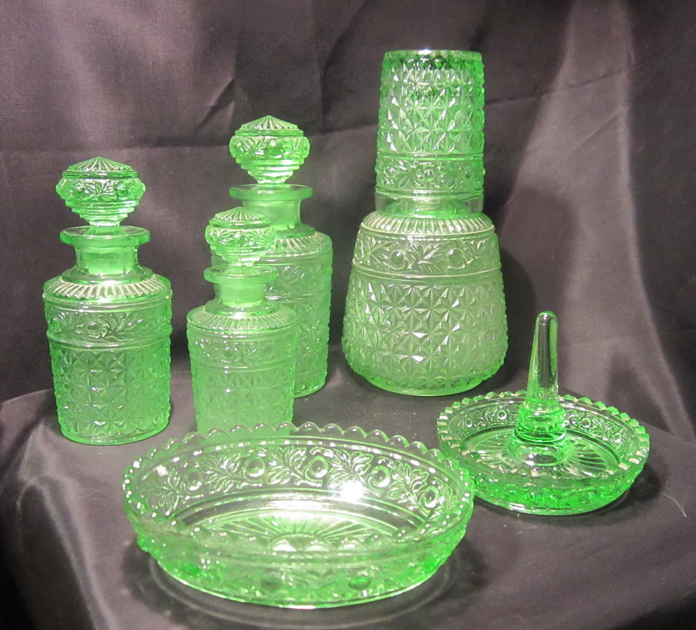 rare art deco set of 7 pc. green molded crystal vanity set pieces by VAL SAINT LAMBERT, Belgium.