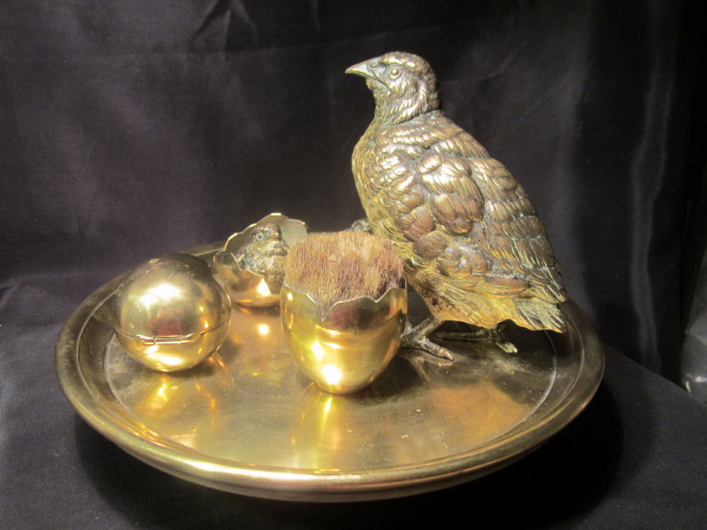 antique Vienna bronze: quails on nest inkwell  & pen wipe