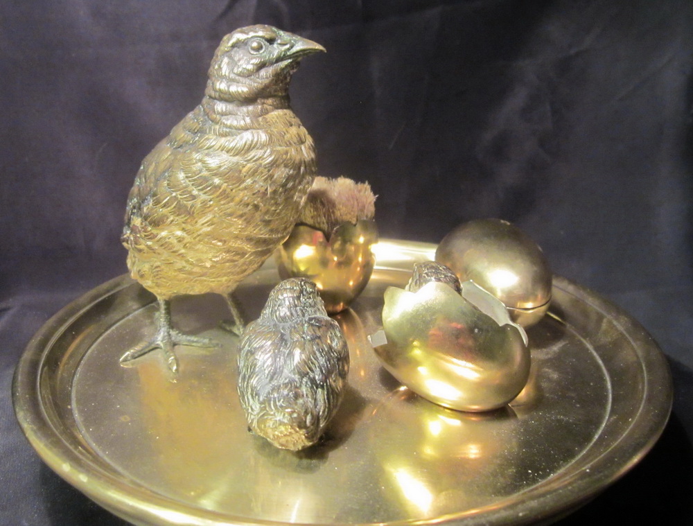 antique Vienna bronze: quails on nest inkwell  & pen wipe