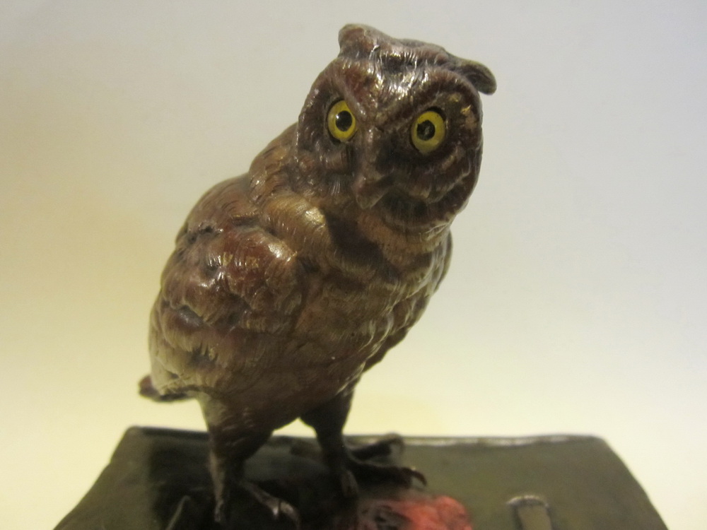 antique cold painted Vienna bronze: owl on books by Franz Bergmann 