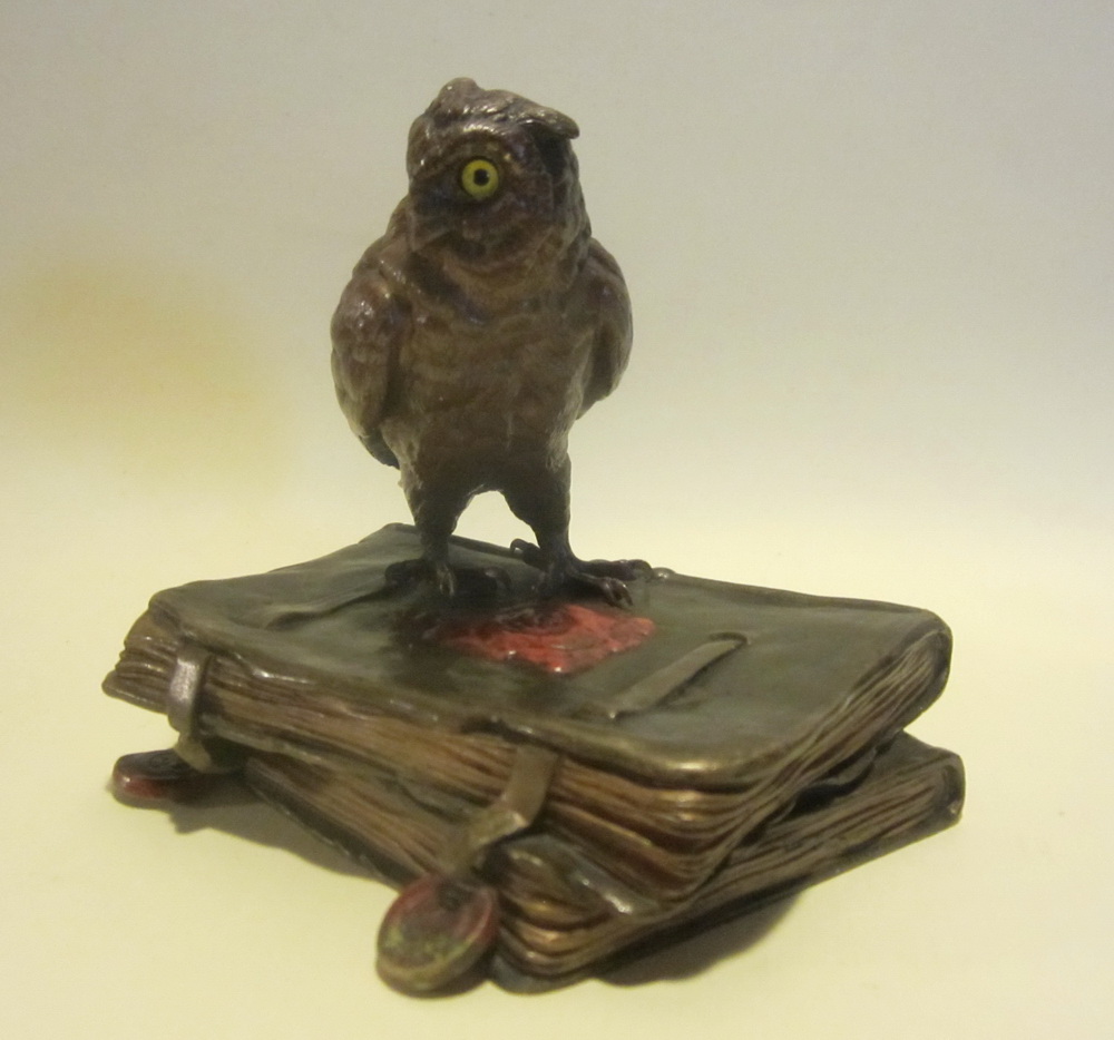 antique cold painted Vienna bronze: owl on books by Franz Bergmann 