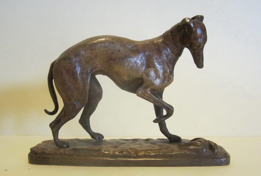 Small antique bronze of a greyhound by Louis Kley, France (1833 - 1911). 