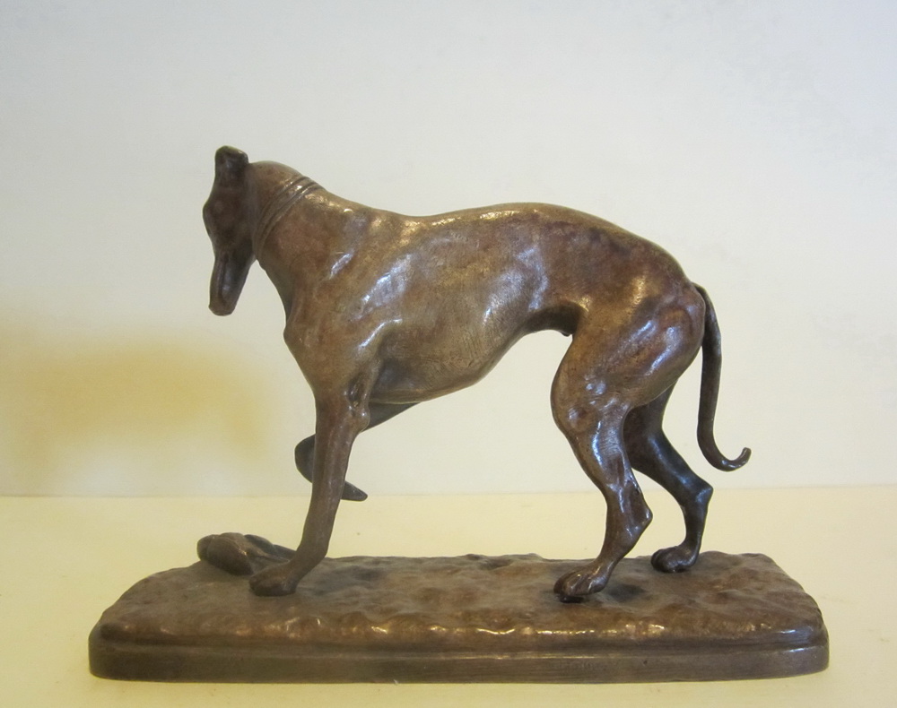 Small antique bronze of a greyhound by Louis Kley, France (1833 - 1911). 