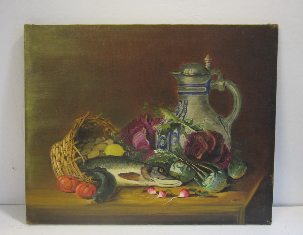 vintage painting, still life: a table with potatoes, vegetables, fish, an old jug....oil on canvas