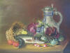 vintage painting, still life: a table with potatoes, vegetables, fish, an old jug....oil on canvas