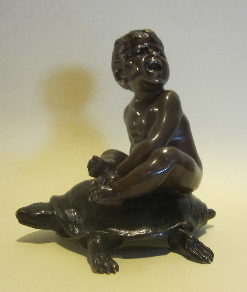 antique bronze: baby boy on turtle, by Bofill, ca 1900