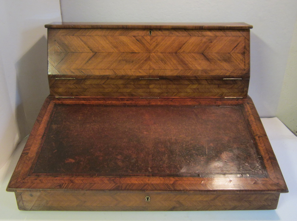 antique table top writing desk, counter slope with inlay