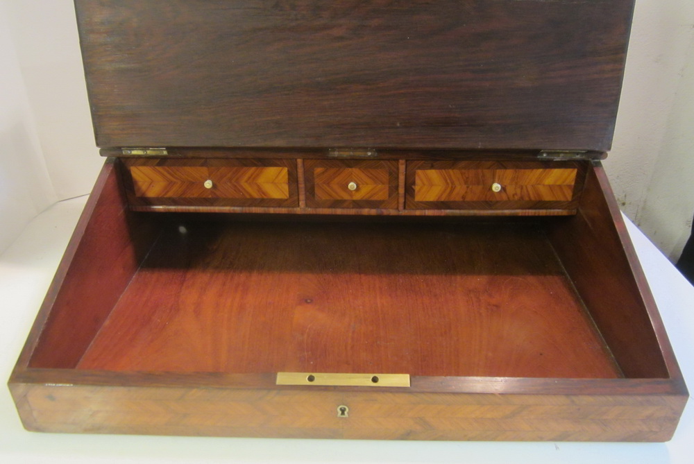 antique table top writing desk, counter slope with inlay